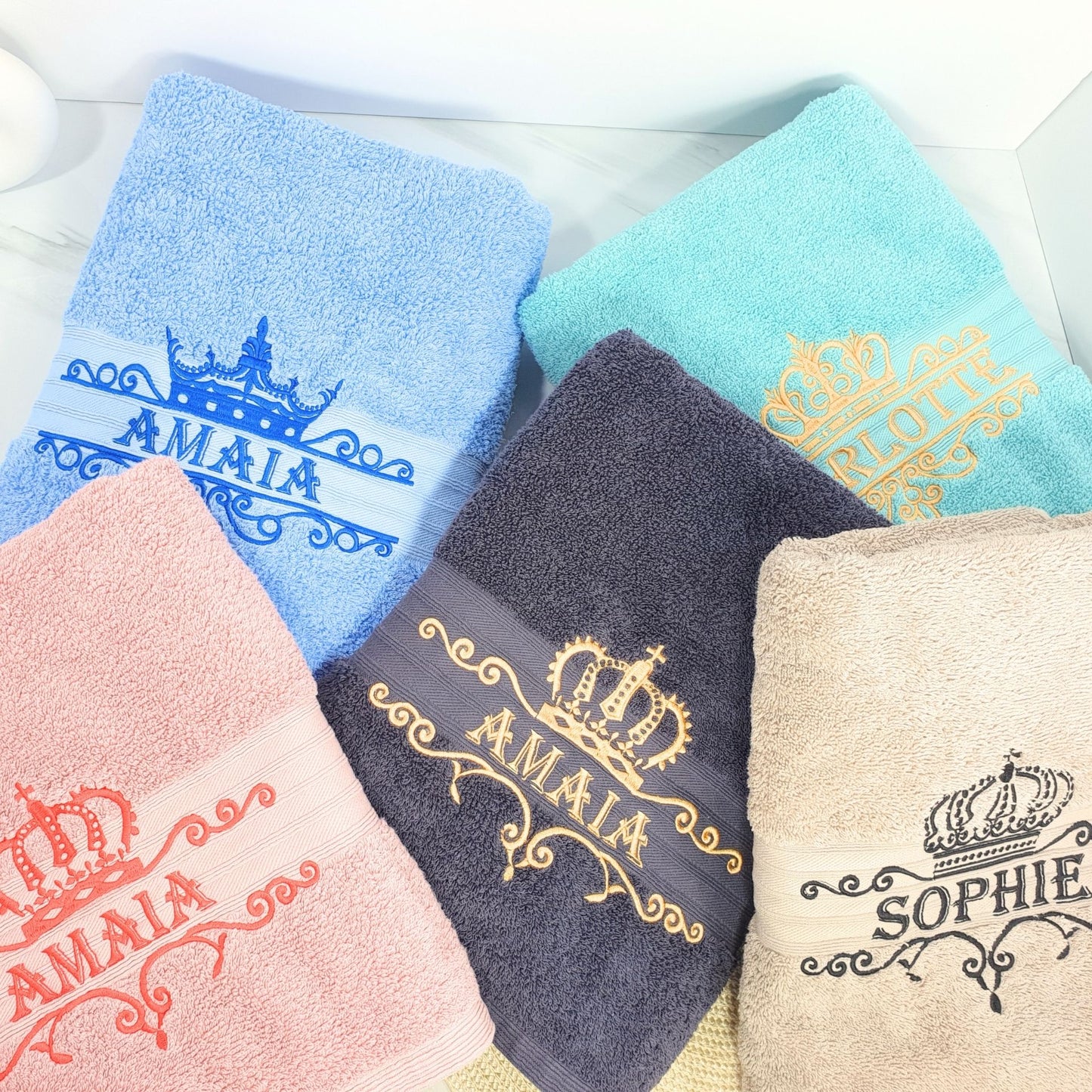 Personalised Embroidered Bath Towel with Crown Design B
