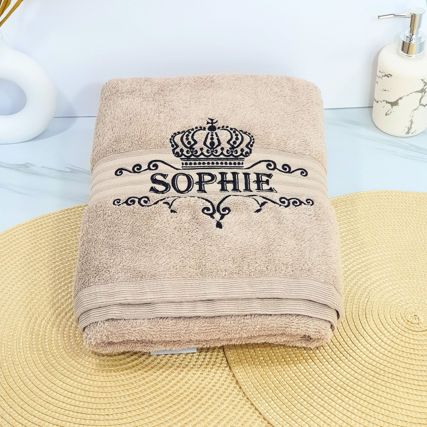 Personalised Embroidered Bath Towel with Crown Design C