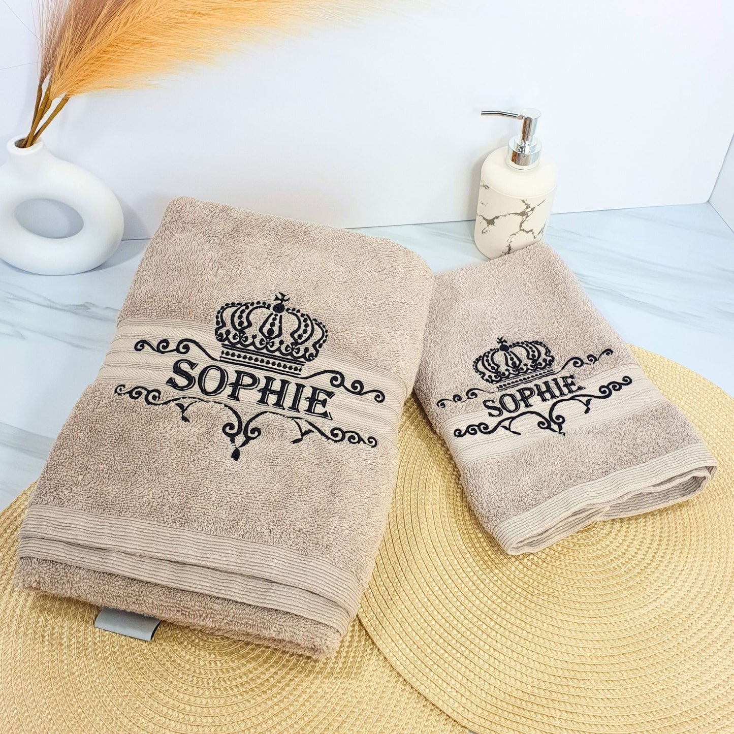 Personalised Embroidered Bath Towel with Crown Design C