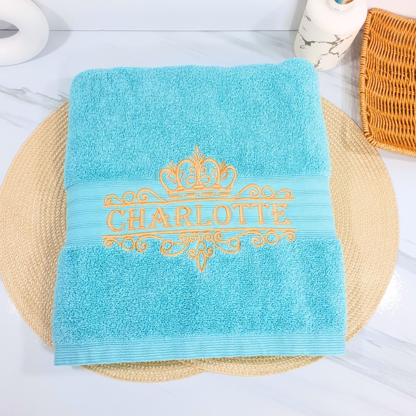 Personalised Embroidered Bath Towel with Crown Design B