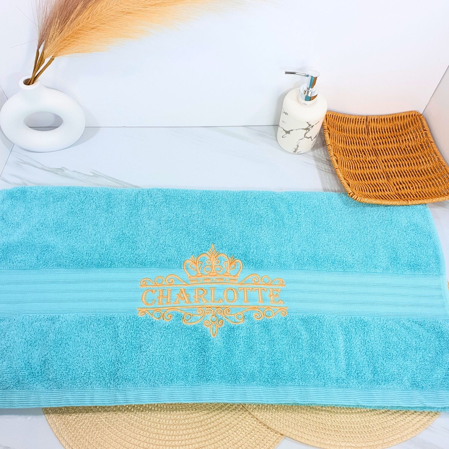 Personalised Embroidered Bath Towel with Crown Design B