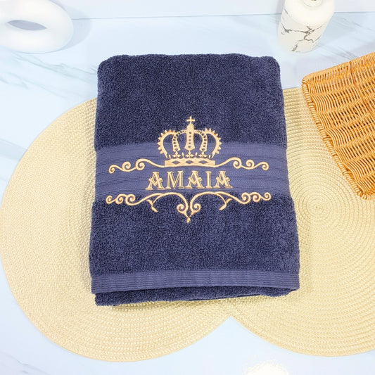 Personalised Embroidered Bath Towel with Crown Design D
