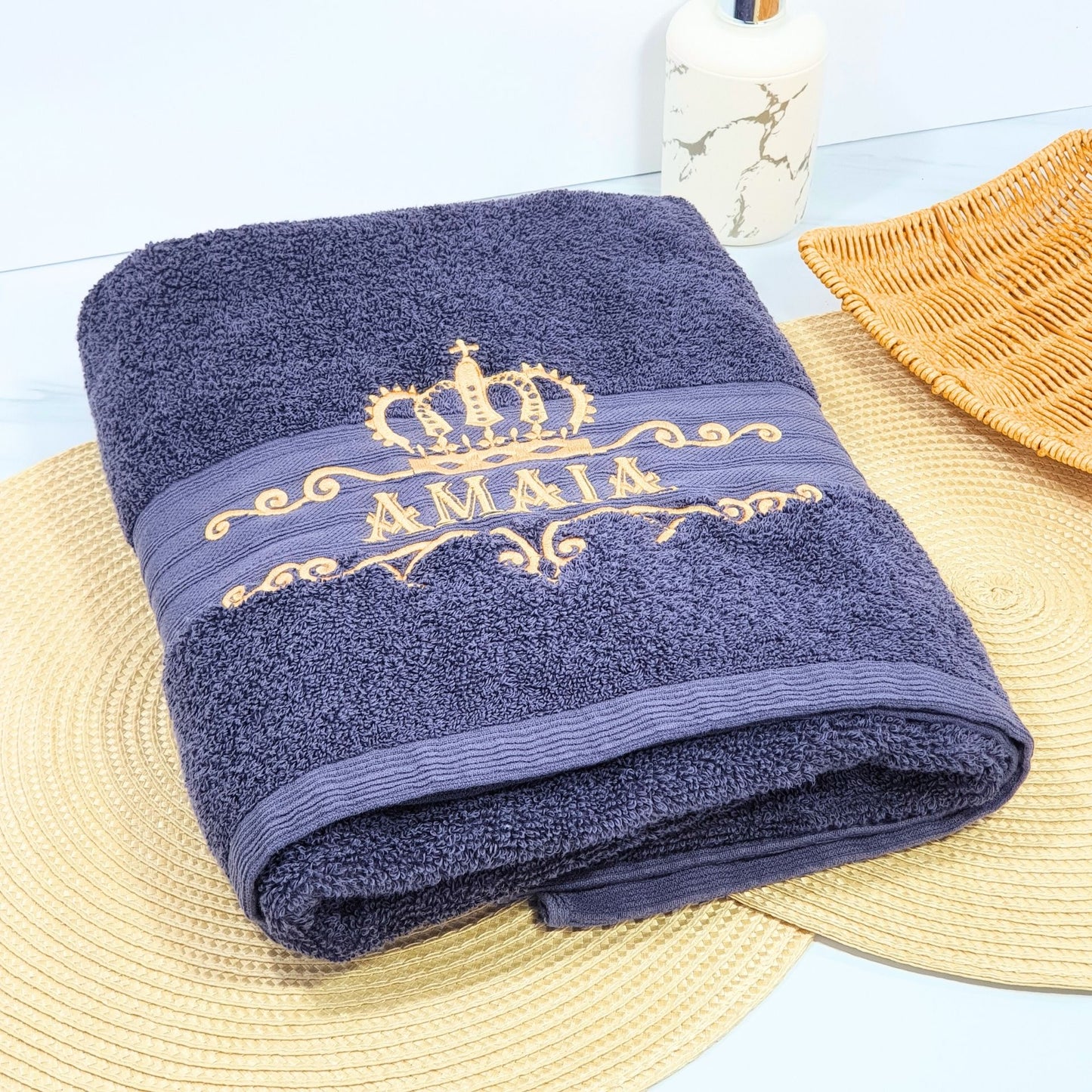 Personalised Embroidered Bath Towel with Crown Design D
