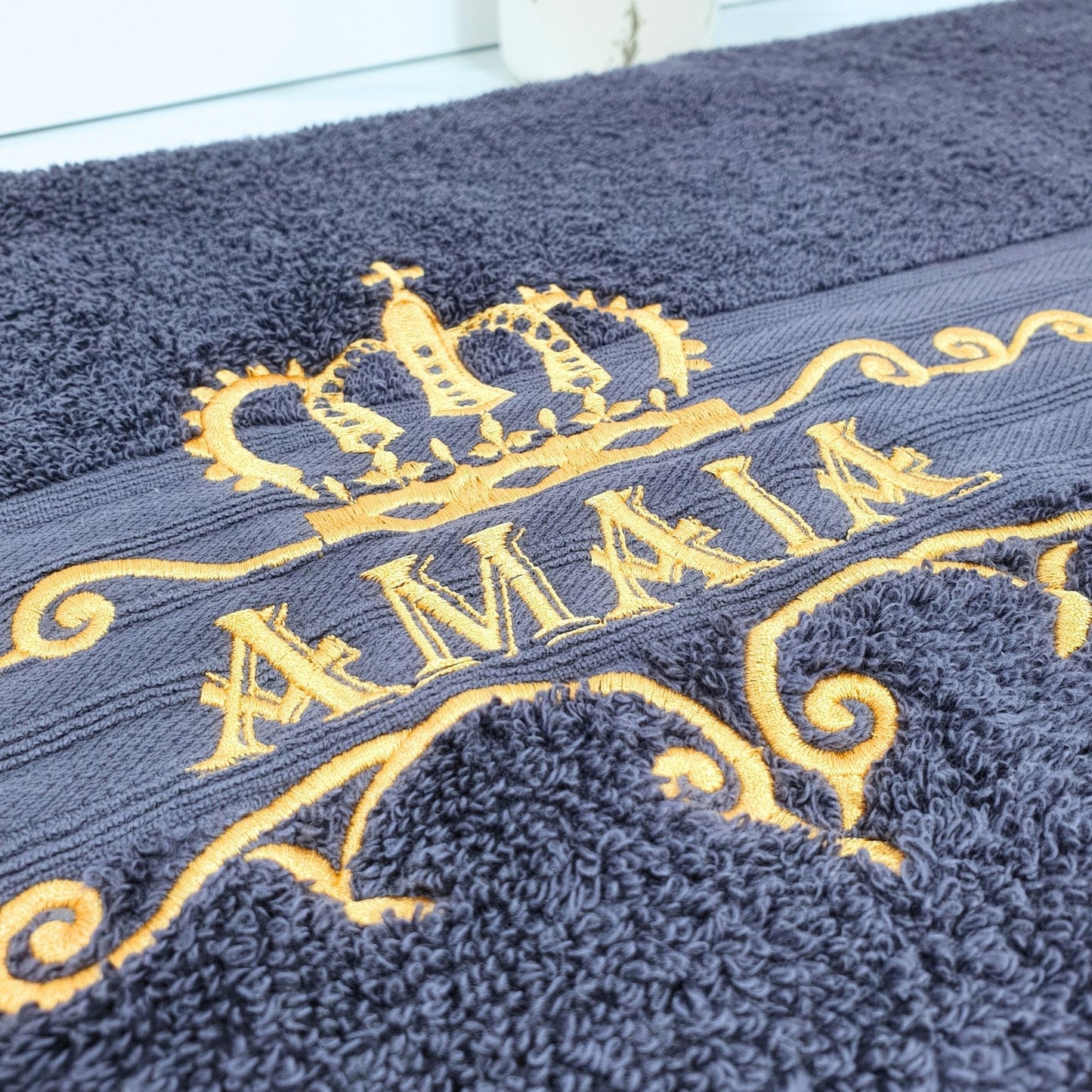 Personalised Embroidered Bath Towel with Crown Design D