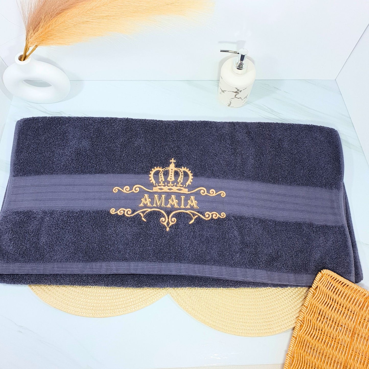 Personalised Embroidered Bath Towel with Crown Design D