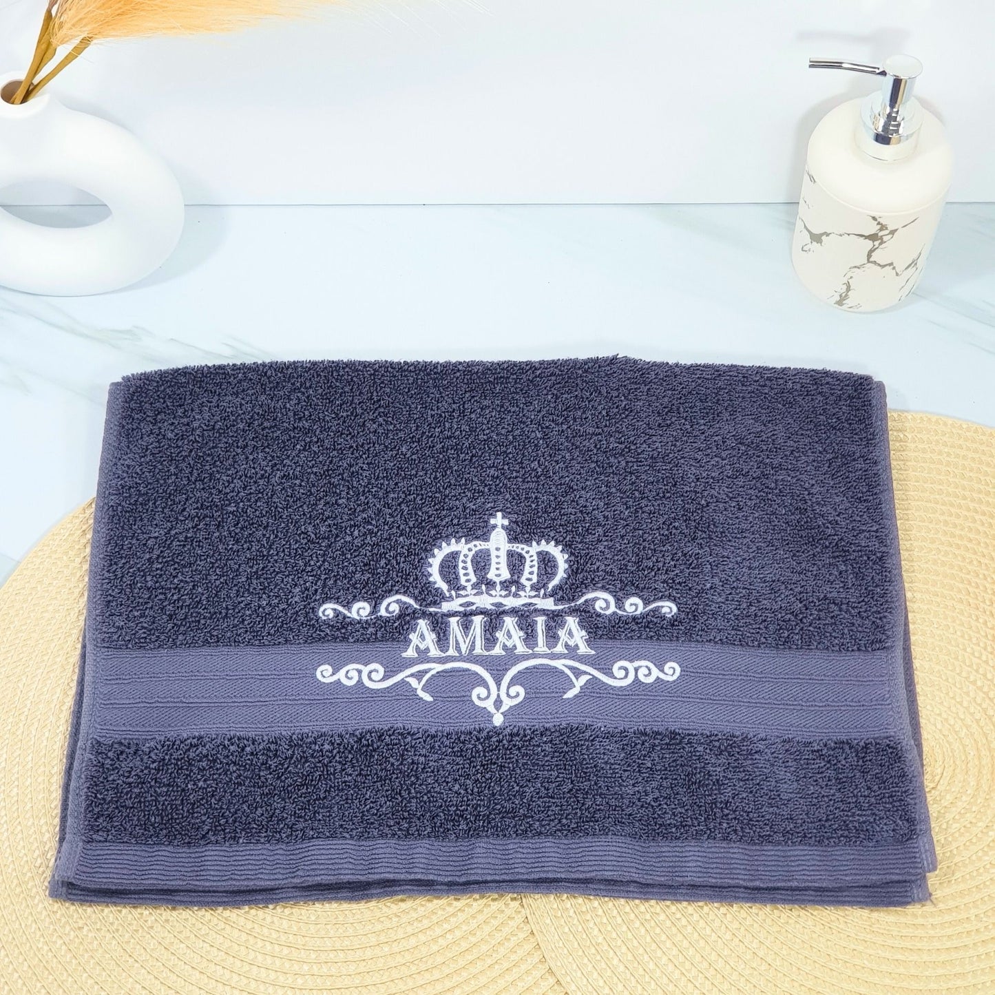 Personalised Embroidered Bath Towel with Crown Design D