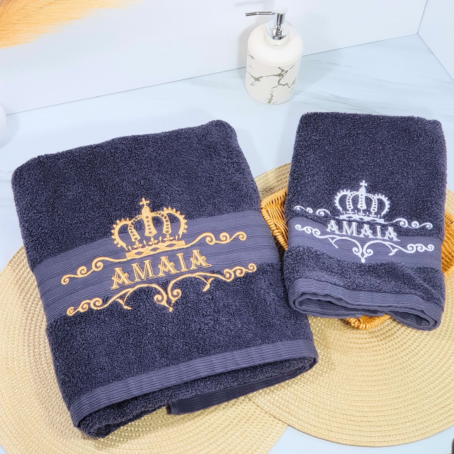 Personalised Embroidered Bath Towel with Crown Design D