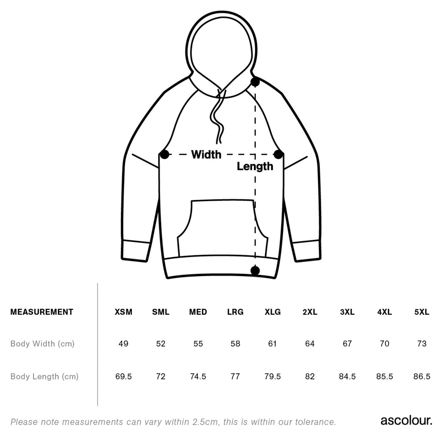Hoodie size chart with measurements on a white background